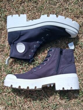 Palladium Navy Blue Canvas Chukka Boots with White Lug Sole